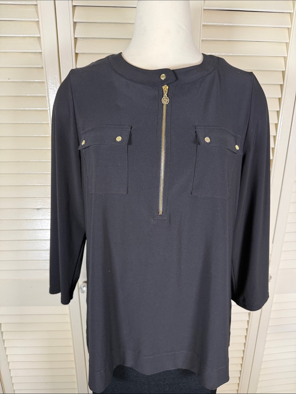 Anne Klein Black Half Zip Gold Hardware Blouse L